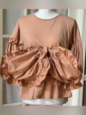 Zara Trafaluc Light Terracotta Balloon Sleeve Ruffle Cuff Cotton Blouse S